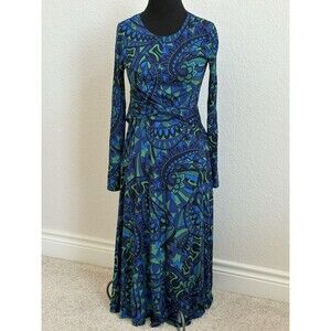 Boden Womens 2R Blue Green Paisley Soft Jersey Faux Wrap Long Sleeve Midi Dress
